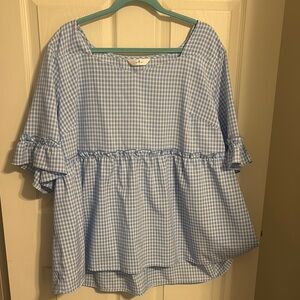 Blue and White Flutter Sleeve Boxy Blouse PLUS SIZE